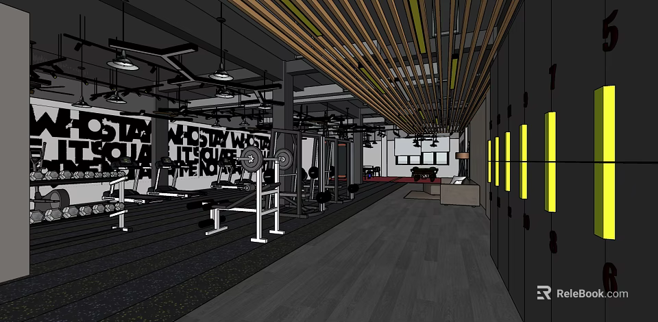 Modern Gym Interior With Fitness Equipment Barbells Benches And Wooden Ceiling Flooring 3d model 