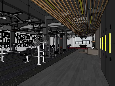 Modern Gym Interior With Fitness Equipment Barbells Benches And Wooden Ceiling Flooring 3d model