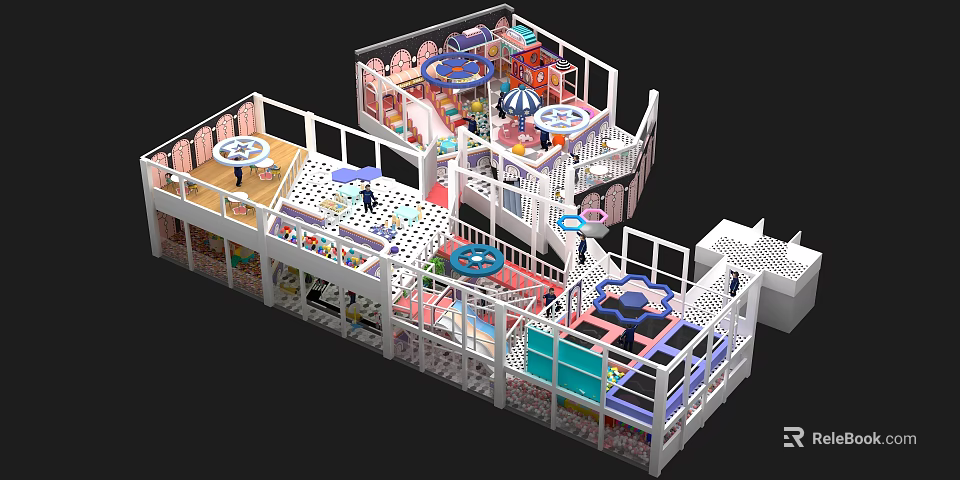 Colorful Multi Level Indoor Playground With Slides Trampolines And Climbing Structures 3d model 
