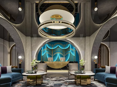 Luxurious Hotel Lobby Interior With Grand Chandelier Blue Accent Wall And Modern Sofas 3d model