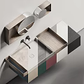 Modern Bathroom Vanity With Pink Cabinet Gray Countertop Round Mirror And Wooden Elements