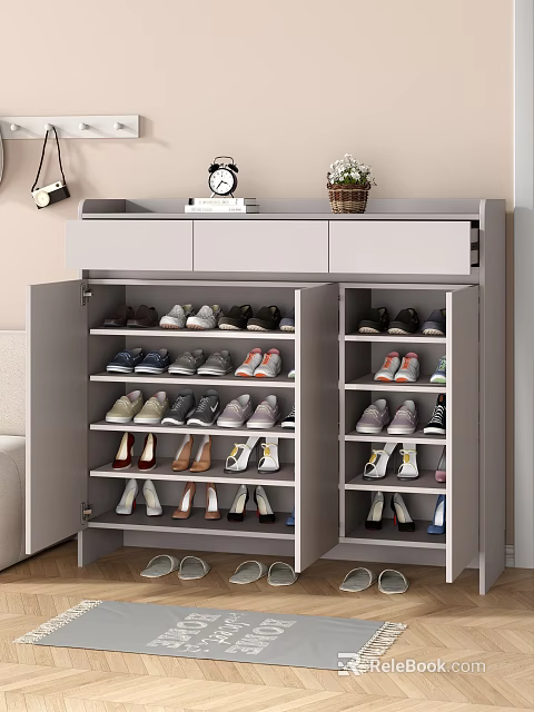 Modern Shoe Cabinet Interior With Multiple Layers Storage And Top Alarm Clock Books Flower Pot 3d model 