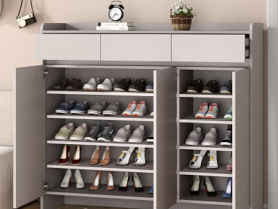 Modern Shoe Cabinet Interior With Multiple Layers Storage And Top Alarm Clock Books Flower Pot 3d model