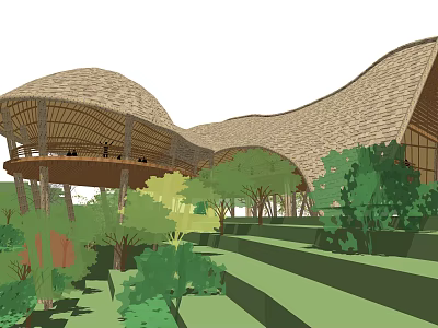 Wavy Roof Pergola Design With Natural Materials And Surrounding Lush Greenery 3d model