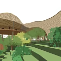 Wavy Roof Pergola Design With Natural Materials And Surrounding Lush Greenery