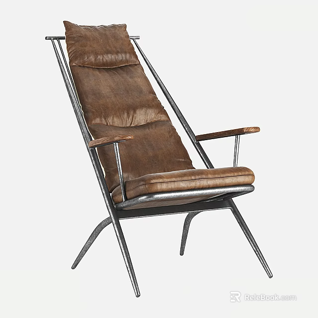 Contemporary Brown Leather Leisure Chair With Metal Frame And Wooden Armrests 3d model 