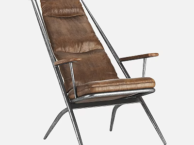 Contemporary Brown Leather Leisure Chair With Metal Frame And Wooden Armrests 3d model