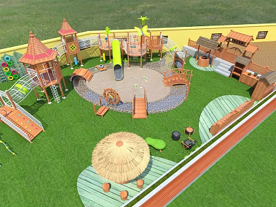 Outdoor Children's Play Area With Green Lawn Slide Tower And Wooden Structures 3d model