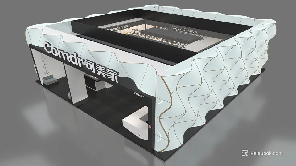 Comdar Exhibition Booth With White Wavy Exterior And Black Roof Design Structure 3d model 