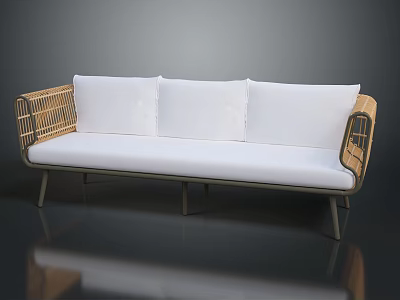 Modern Style Sofa Design With Rattan Armrests White Cushions And Metal Legs 3d model