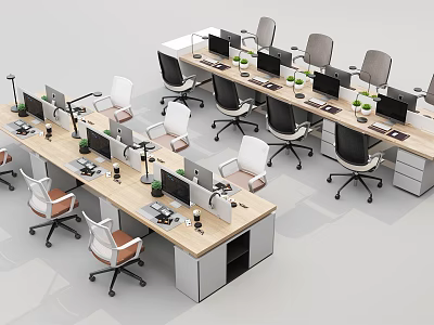 Modern Office Workspace With Multiple Office Desks Computers Table Lamps Green Plants And Chairs 3d model