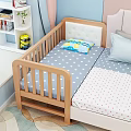 Wooden Kids Bed with Gray Polka Dot Mattress Blue Pillow and Yellow Step in Room