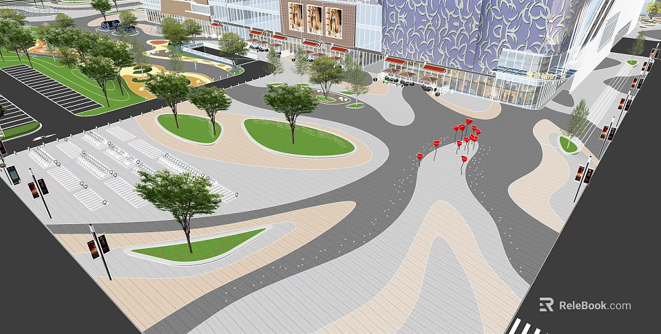 Urban Plaza Landscape Design With Curved Pavement Green Lawns And Red Decorative Installations 3d model 