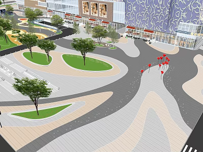 Urban Plaza Landscape Design With Curved Pavement Green Lawns And Red Decorative Installations 3d model