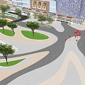 Urban Plaza Landscape Design With Curved Pavement Green Lawns And Red Decorative Installations