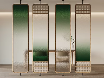 Modern Room Dividers With Golden Frame Gradient Green Glass And Woven Elements 3d model