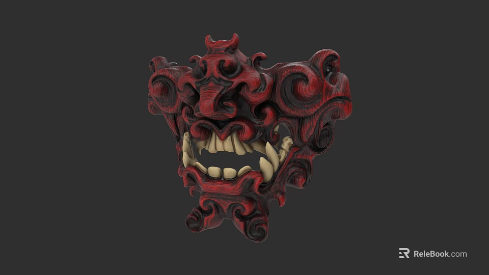 Fierce Red Game Movie Character Mask With Intricate Curled Patterns 3d model 