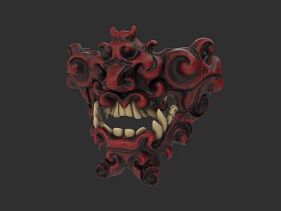 Fierce Red Game Movie Character Mask With Intricate Curled Patterns 3d model