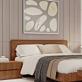 Modern Double Bed in Bedroom with Wooden Panel Wall Abstract Painting Nightstands and Wall Sconces