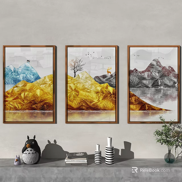 Three Panel Modern Decorative Paintings With Mountain Tree Fox And Wall Decor Items 3d model