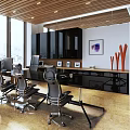 Modern Conference Room Interior With Black Table Chairs And Large City View Windows