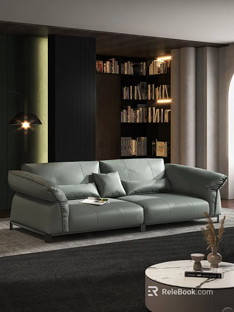 Gray Leather Two Seater Sofa In Modern Living Room With Bookshelf And Lighting 3d model 