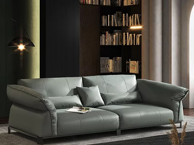 Gray Leather Two Seater Sofa In Modern Living Room With Bookshelf And Lighting 3d model