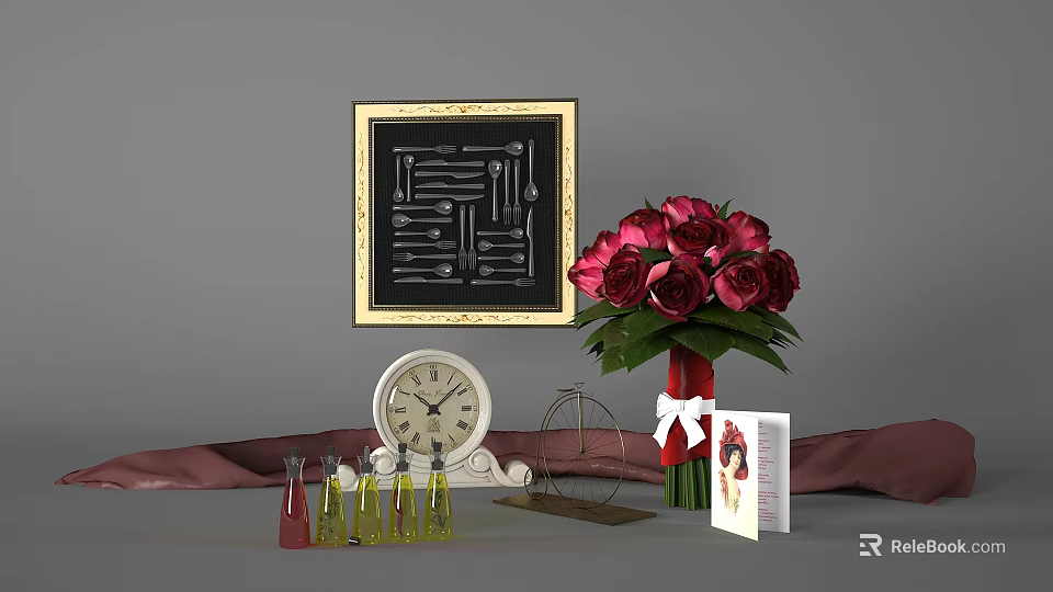 Decorative Ornament Set With Gold Framed Painting Red Roses Bouquet White Clock Small Bottles 3d model 