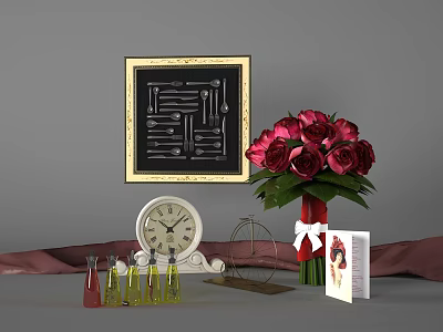 Decorative Ornament Set With Gold Framed Painting Red Roses Bouquet White Clock Small Bottles 3d model