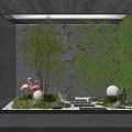 Indoor Landscape With Green Tree Ivy Covered Wall Flamingo Decorations Round Lights Stones And Moss