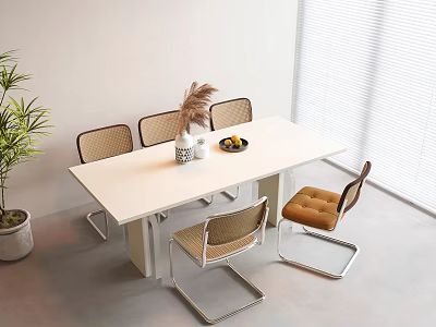 Modern Dining Table Set With Chairs Tabletop Decorations And Green Plant In White Wall Interior 3d model