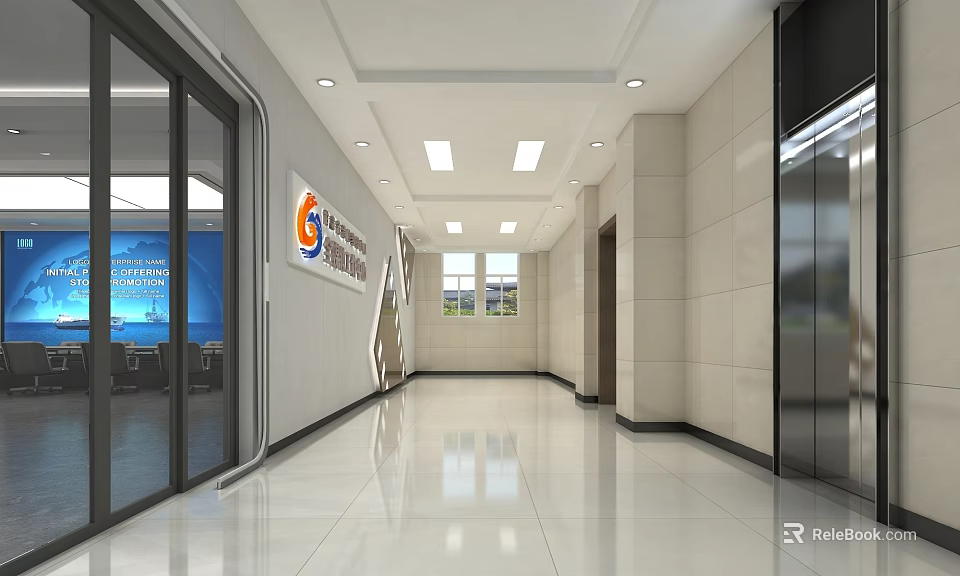 Modern Elevator Hallway With Spacious Bright Interior Polished Floor Glass Doors And Company Logo 3d model 