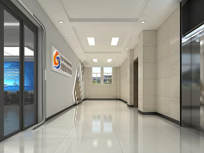 Modern Elevator Hallway With Spacious Bright Interior Polished Floor Glass Doors And Company Logo 3d model