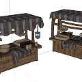 Traditional Wooden Market Stalls With Striped Canopies And Handcrafted Bowls Baskets