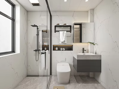 Modern Bathroom Interior Design With Marble Walls Floor Glass Shower Toilet Vanity And Mirror 3d model