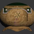 Golden Decorative Furniture Accent With Green Lid Ornate Patterns And Colored Gemstone Inlays