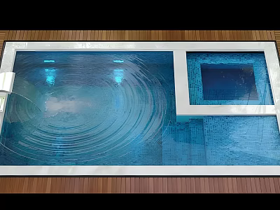 Blue Swimming Pool With Wooden Deck Glass Edges And Rippled Water Surface 3d model