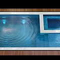 Blue Swimming Pool With Wooden Deck Glass Edges And Rippled Water Surface