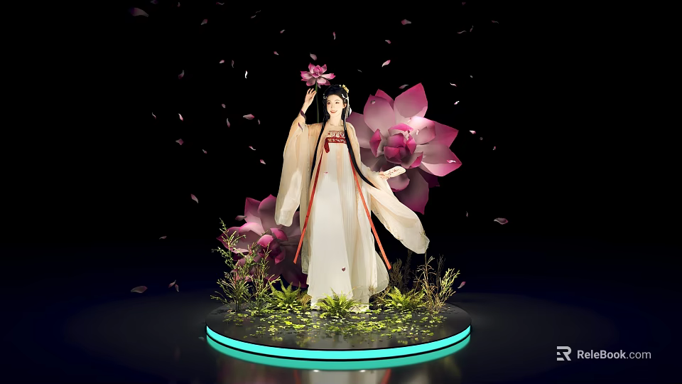 Traditional Costume Woman Standing With Pink Lotus Flowers Falling Petals Green Plants On Glowing Base 3d model 