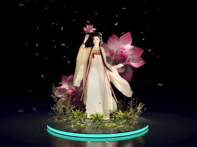Traditional Costume Woman Standing With Pink Lotus Flowers Falling Petals Green Plants On Glowing Base 3d model