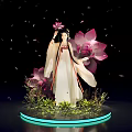 Traditional Costume Woman Standing With Pink Lotus Flowers Falling Petals Green Plants On Glowing Base