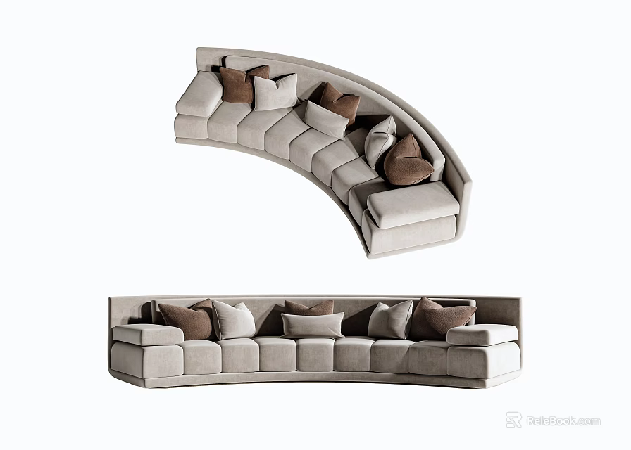 Light Gray Sectional Sofa with Curved Design and Brown Beige Cushions 3d model