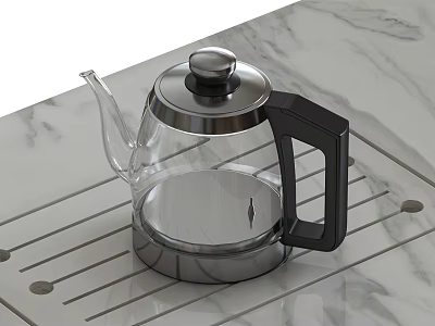 Stylish Transparent Glass Teapot Featuring Stainless Steel Lid And Black Handle On Marble Countertop 3d model