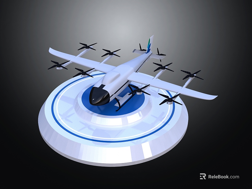 Futuristic Passenger Aircraft with Multiple Rotors on Circular Platform with Blue Ring 3d model 