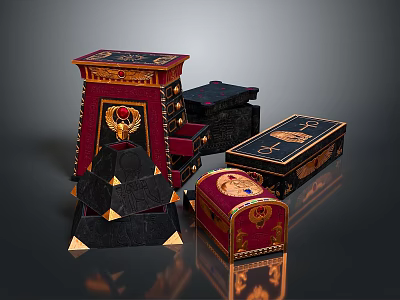 Red And Black Decorative Boxes With Golden Accents Various Shapes Sizes Ornate Patterns Gemstone Details 3d model