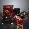 Red And Black Decorative Boxes With Golden Accents Various Shapes Sizes Ornate Patterns Gemstone Details