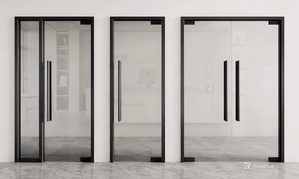 Modern Double Doors With Glass Panels And Black Frame For Interior Design 3d model