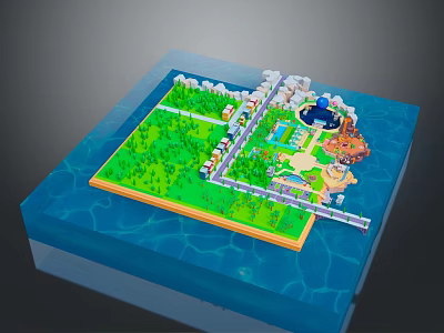 Colorful 3D Model Island Scene With Green Areas Buildings And Water 3d model