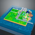 Colorful 3D Model Island Scene With Green Areas Buildings And Water