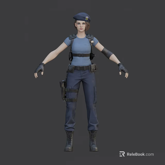 Detailed 3D Female Tactical Character in Blue Uniform With Belt Holster and Wrist Guards 3d model 